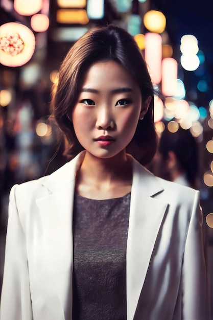 Hermosa joven asiática con la noche de la calle de la ciudad en AI generativa de fondo