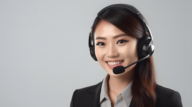 Hermosa joven asiática operadora de centro de llamadas usando auriculares con micrófono