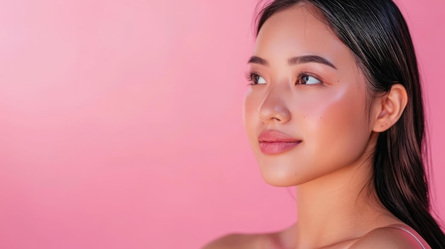 Hermosa joven asiática con piel limpia y fresca sobre fondo rosa Cuidado facial Tratamiento facial Cosmetología belleza y spa
