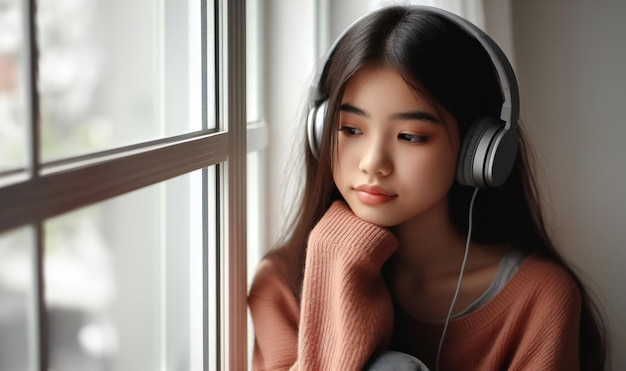 Foto una hermosa joven asiática con piel limpia y pelo largo sostiene un producto cosmético facial