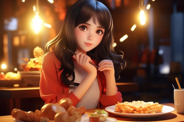 Hermosa joven asiática en el restaurante