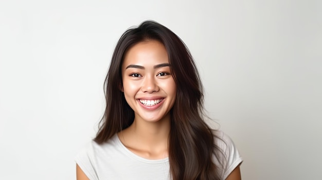 Una hermosa joven asiática sonriendo con los dientes limpios aislado