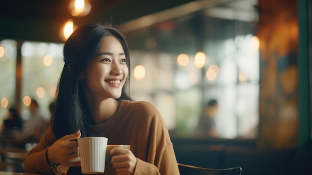 Una hermosa joven asiática sonriendo sosteniendo una taza tomando un café en una cafetería