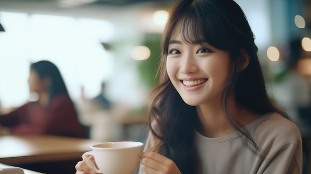 Una hermosa joven asiática sonriendo sosteniendo una taza tomando un café en una cafetería