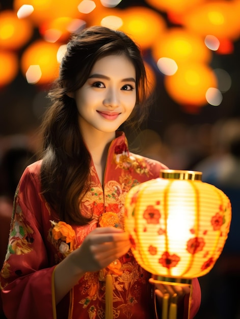 Hermosa joven asiática sonriendo con un vestido tradicional chino sosteniendo una linterna china