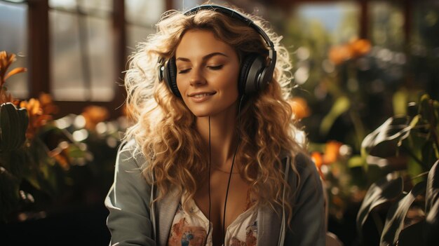 hermosa joven con auriculares y un suéter negro está meditando en una posición de loto en el fondo