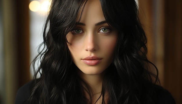 Una hermosa joven con cabello largo y castaño mirando la cámara generada por inteligencia artificial