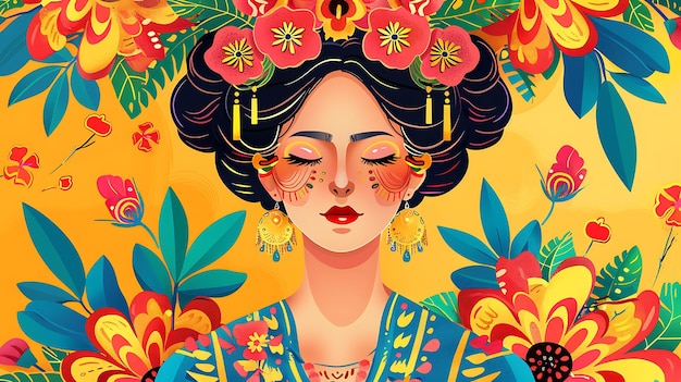 Foto una hermosa joven con cabello largo y negro y flores de colores en su cabello lleva un vestido tradicional mexicano y tiene los ojos cerrados
