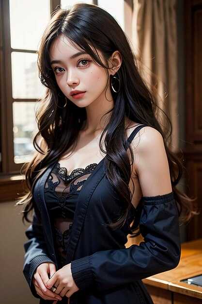 Una hermosa joven con el cabello largo y negro fotografía HD fondo de papel tapiz