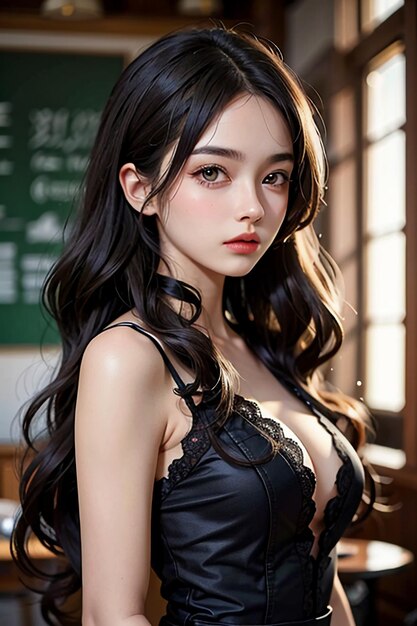 Una hermosa joven con el cabello largo y negro fotografía HD fondo de papel tapiz