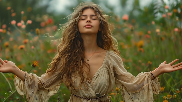 Foto hermosa joven con cabello largo y ojos cerrados y manos abiertas para orar