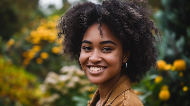 Una hermosa joven con el cabello rizado sonríe felizmente en un campo de flores