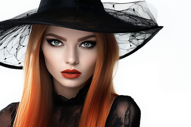 Hermosa joven con el cabello rojo en sombrero de bruja negro Halloween