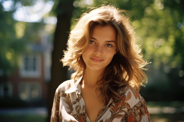 una hermosa joven con una camisa floral posando para la cámara