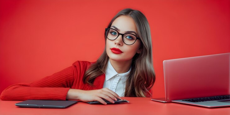 hermosa joven con una camisa roja y gafas cerca de una computadora portátil en un fondo rosa