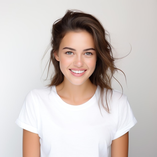 Foto una hermosa joven con una camiseta blanca sonriendo