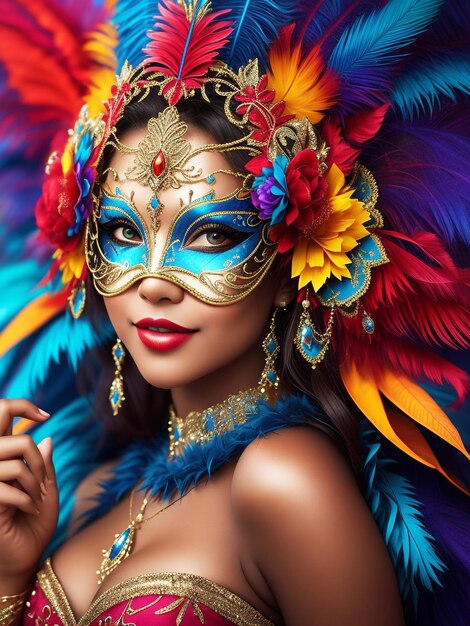 Hermosa joven en carnaval con disfraz de plumas