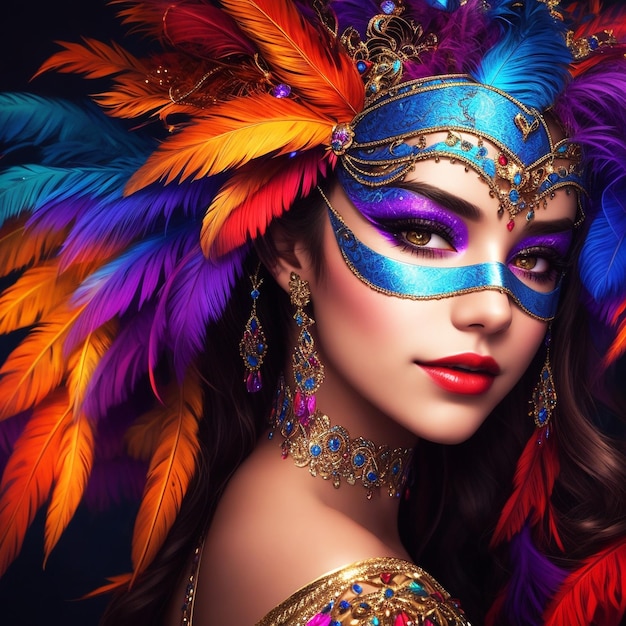 Hermosa joven en carnaval con disfraz de plumas