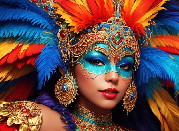 Hermosa joven en carnaval con disfraz de plumas