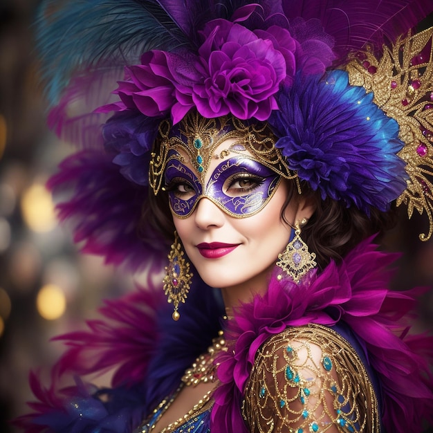 Hermosa joven en carnaval con disfraz de plumas