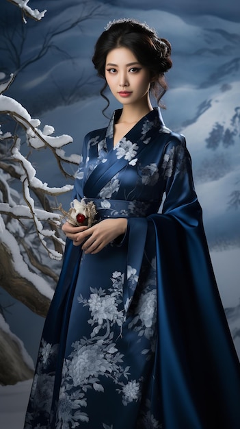 Una hermosa joven china posando contra un pico cubierto de nieve en un vestido azul AI generativa