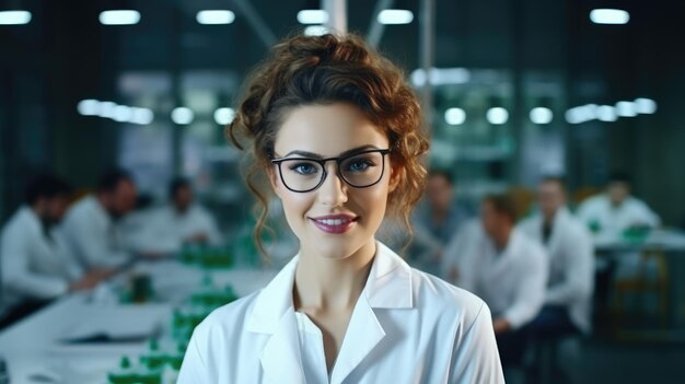 Hermosa joven científica con abrigo blanco y gafas en el moderno Laboratorio de Ciencias Médicas