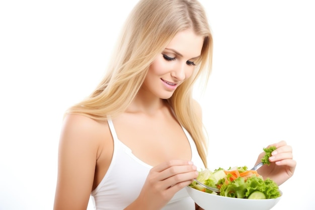 Una hermosa joven comiendo una ensalada aislada en blanco creada con ai generativo