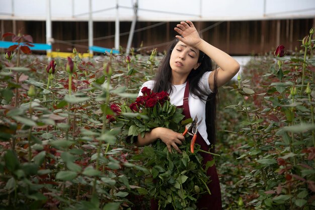 Hermosa joven cuidando rosas en un invernadero