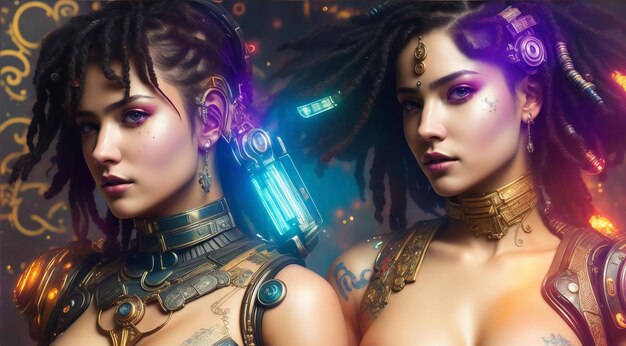 Hermosa joven Cyberpunk Woman con rastas cortas y elementos cyborg en su cuerpo