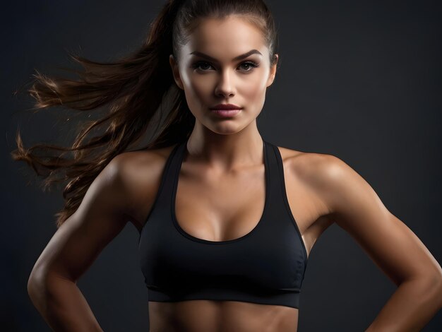 Una hermosa joven deportiva en un fondo oscuro