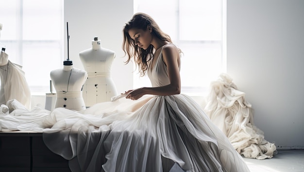 Hermosa joven diseñadora de moda trabajando en una nueva colección de vestidos de novia