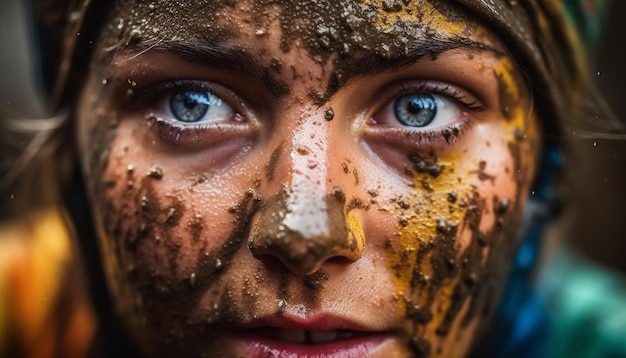 Hermosa joven disfruta de pintura facial completa al aire libre generada por IA