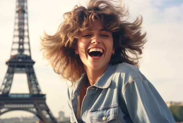 Foto hermosa joven disfrutando del tiempo frente a la torre eiffel