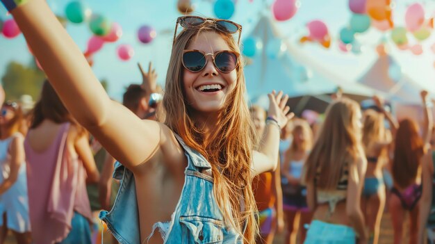 Una hermosa joven se divierte en un festival de música está bailando y sonriendo y el sol está brillando brillantemente