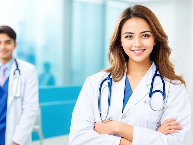 Hermosa joven doctora sonriente parada en un hospital