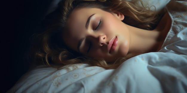 Hermosa joven durmiendo en la cama por la noche