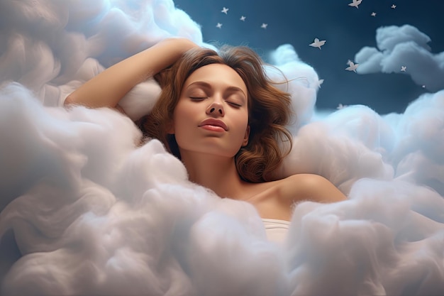 Foto hermosa joven durmiendo y soñando en las nubes ai generativa