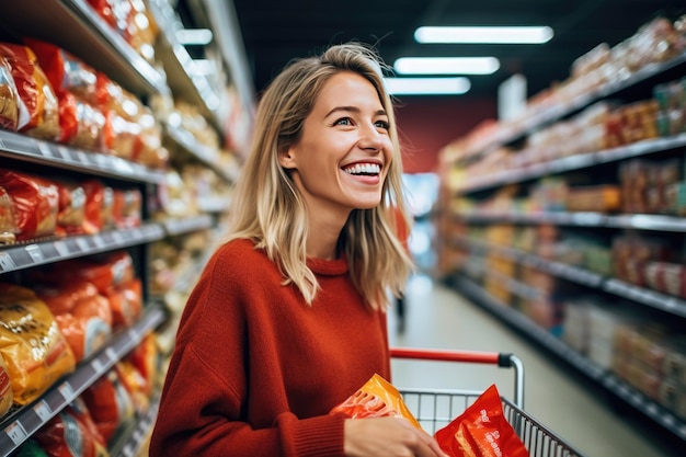 una hermosa joven elige comestibles en un supermercado