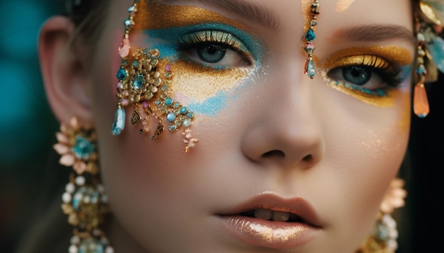 Hermosa joven emana glamour con joyas brillantes y maquillaje generado por IA