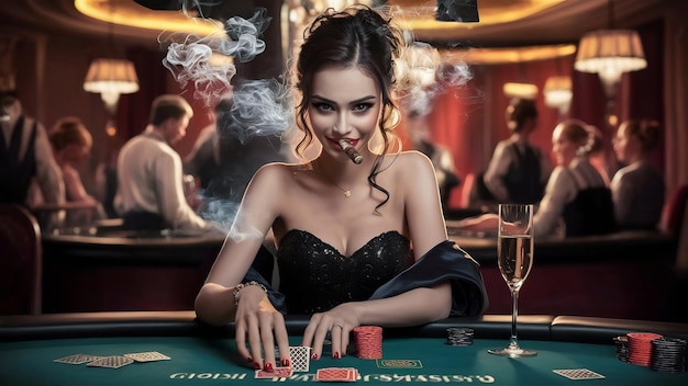 Una hermosa joven emocional en un vestido negro sentada en una mesa de póquer con una copa de champaña