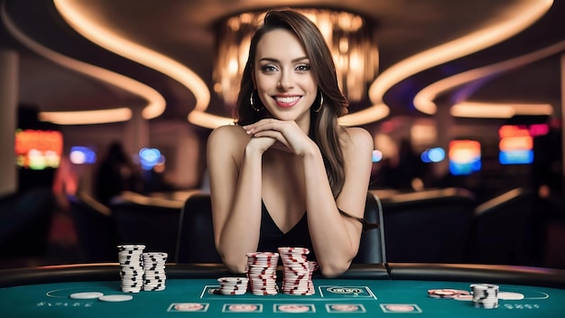 Una hermosa joven está posando sentada en una mesa de póquer en un casino de lujo.