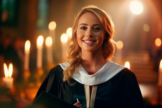 Hermosa joven estudiante con bata de licenciatura Graduación universitaria Generado por IA