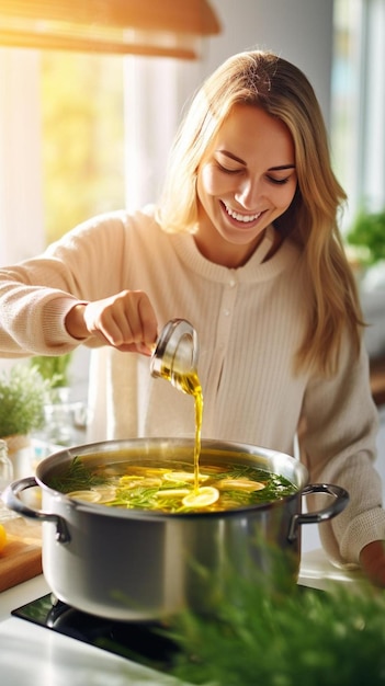 hermosa joven feliz está cocinando en la cocina de la casa y probando un poco de sopa de la sartén en el