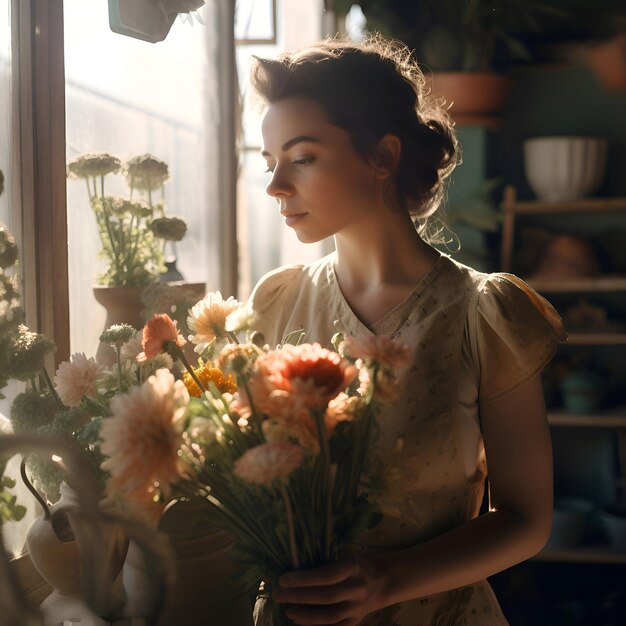 Hermosa joven florista con un ramo de flores