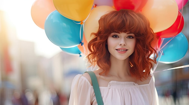 Hermosa joven con globos de colores en las calles de la ciudad