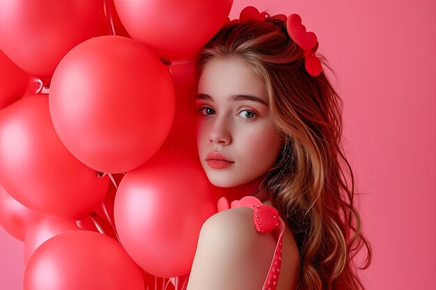 Hermosa joven con globos de corazón en rosa