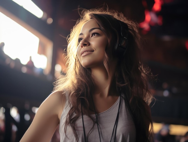 Hermosa joven en las gradas de un festival de música