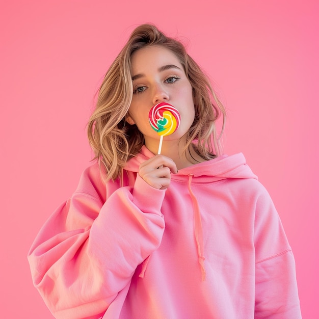 Una hermosa joven con una gran sudadera rosa come una piruleta redonda sobre un fondo rosa