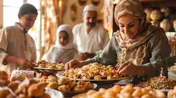 Foto una hermosa joven con hijab está sonriendo mientras prepara pasteles tradicionales de oriente medio