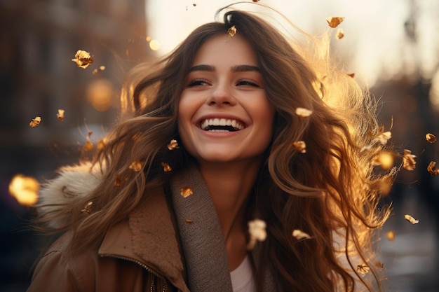 hermosa joven con hojas de oro en el cabello